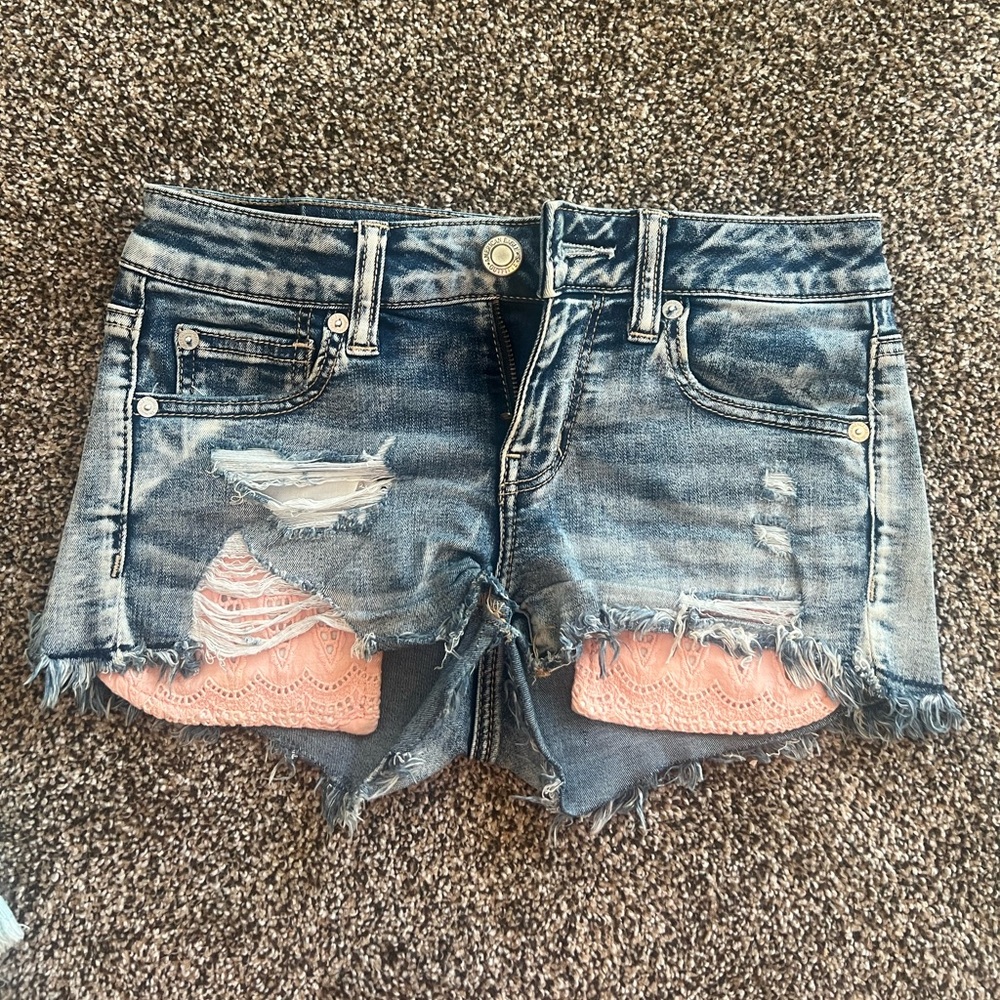 American Eagle Outfitters Ripped Jean Shorts - Blue and Pink - Picture 4 of 4